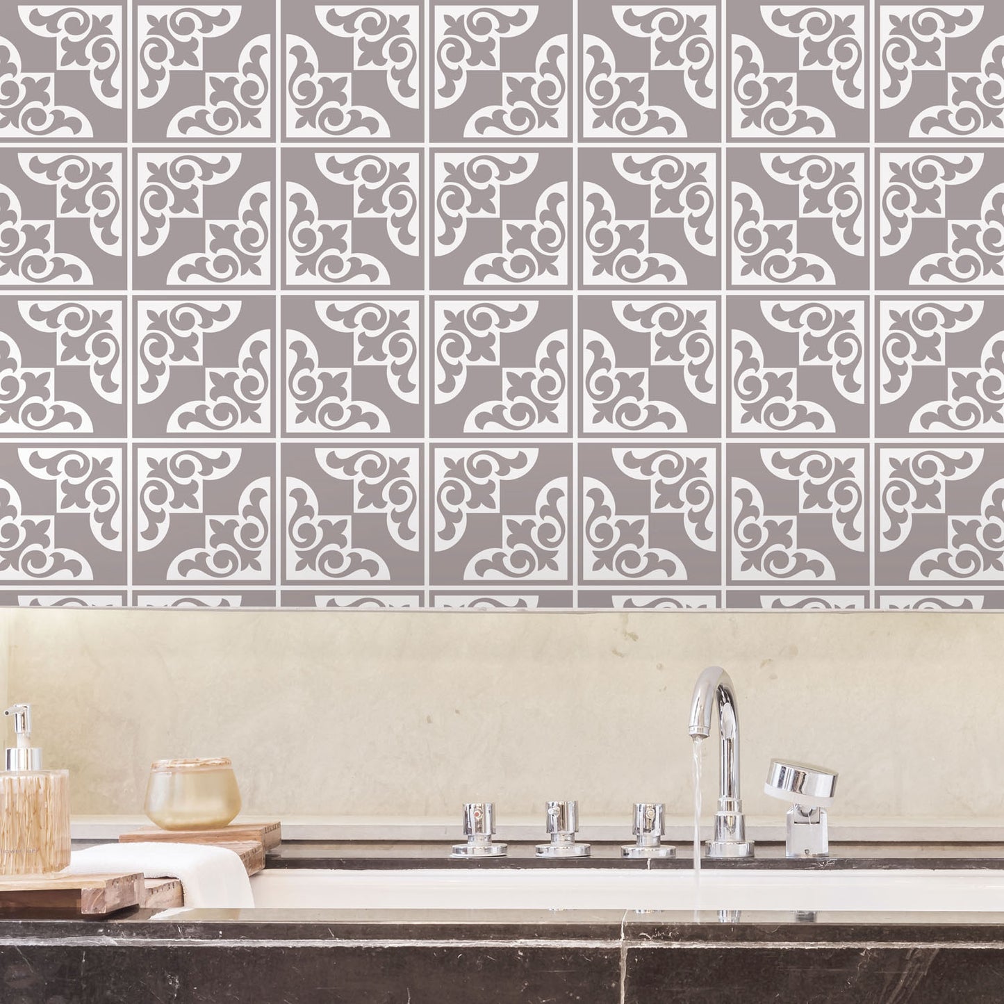 WT1577 - Audley Monocromatic Taupe Victorian Wall Tile Sticker Set - 15 x 15 cm (6 x 6 in) - 24 pcs