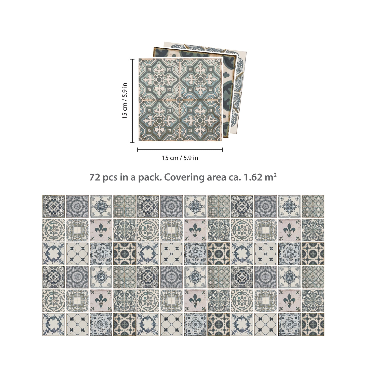 WT1586 - Vintage Blue Wall Tile Sticker Set - 15 x 15 cm (6 x 6 in) - 24 pcs