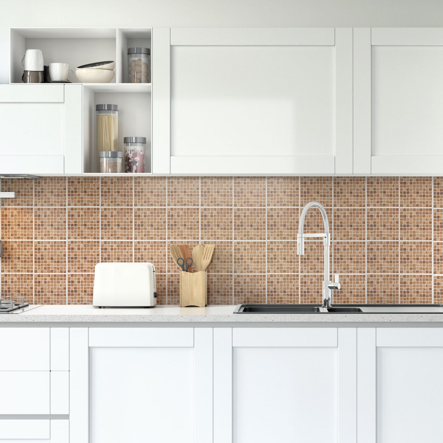 WT1592 - Triana Marble Brown and Cream Mosaic Wall Tile Sticker Set - 15 x 15 cm (6 x 6 in) - 24 pcs