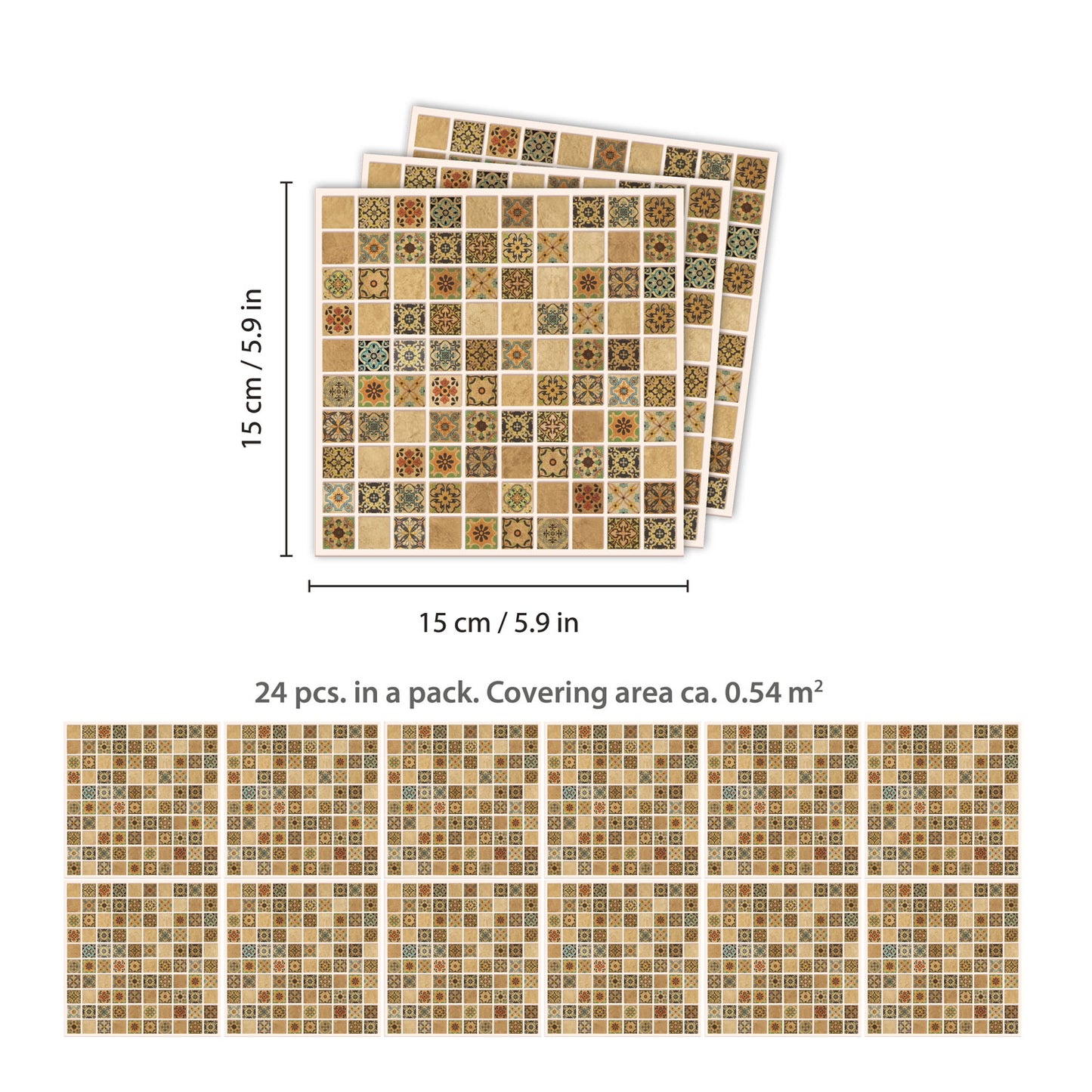 WT1594 - Antique Brown Azulejo Mosaic Wall Tile Sticker Set - 15 x 15 cm (6 x 6 in) - 24 pcs