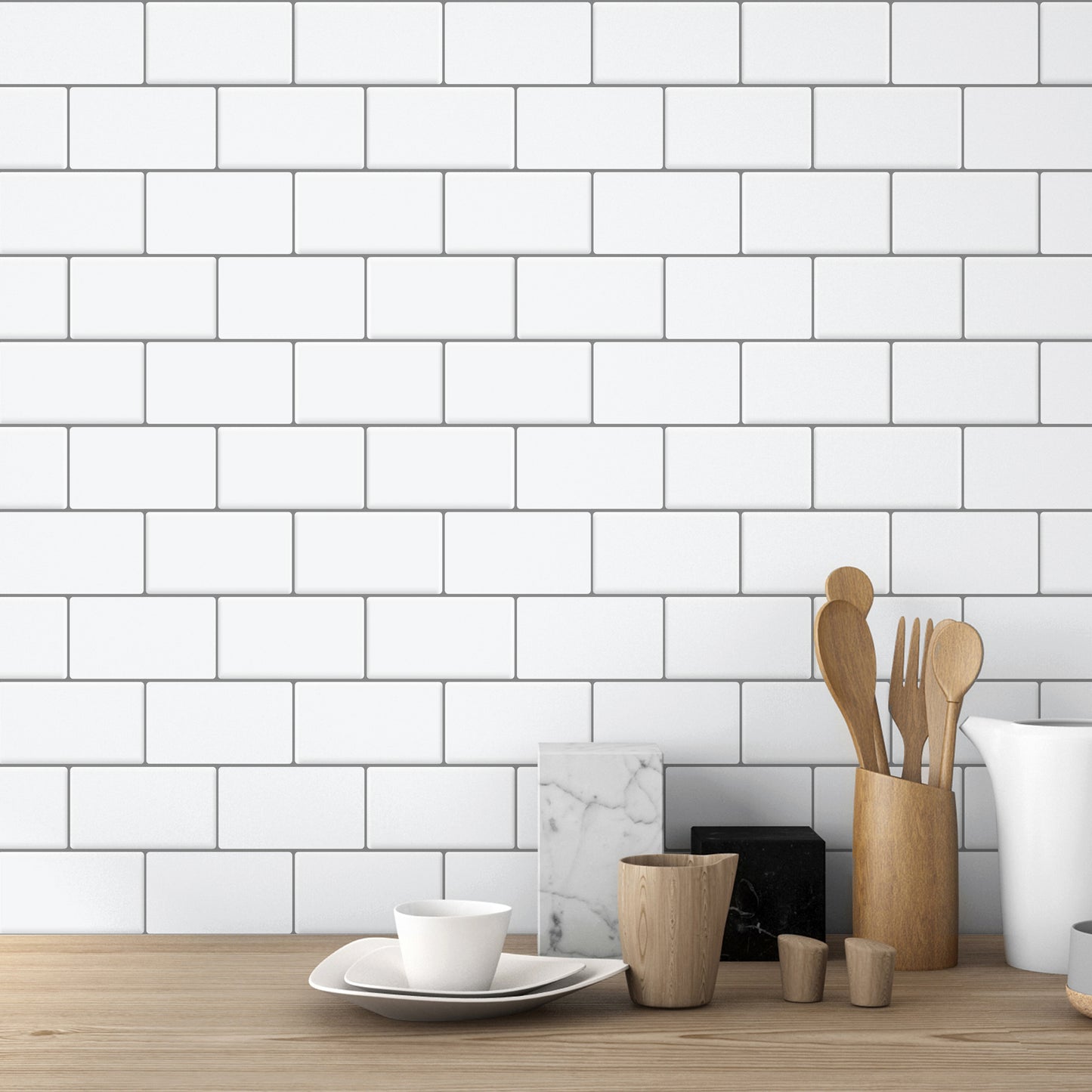 WT3D1803 - Pure White Grey Grout Subway Metro Classic Brick Glossy 3D Tile Sticker 30.5 x 15.4cm (12 x 6 in) - 20pcs in a pack