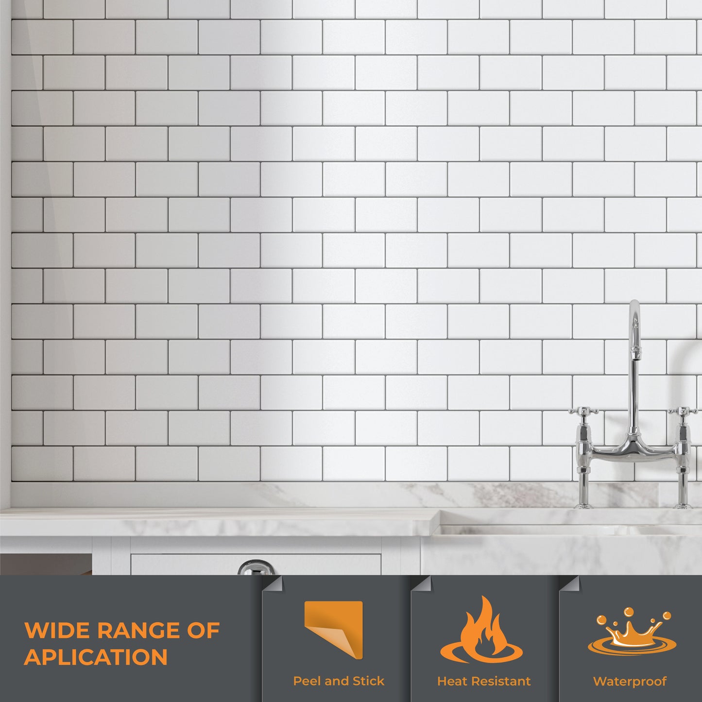 WT3D1803 - Pure White Grey Grout Subway Metro Classic Brick Glossy 3D Tile Sticker 30.5 x 15.4cm (12 x 6 in) - 20pcs in a pack
