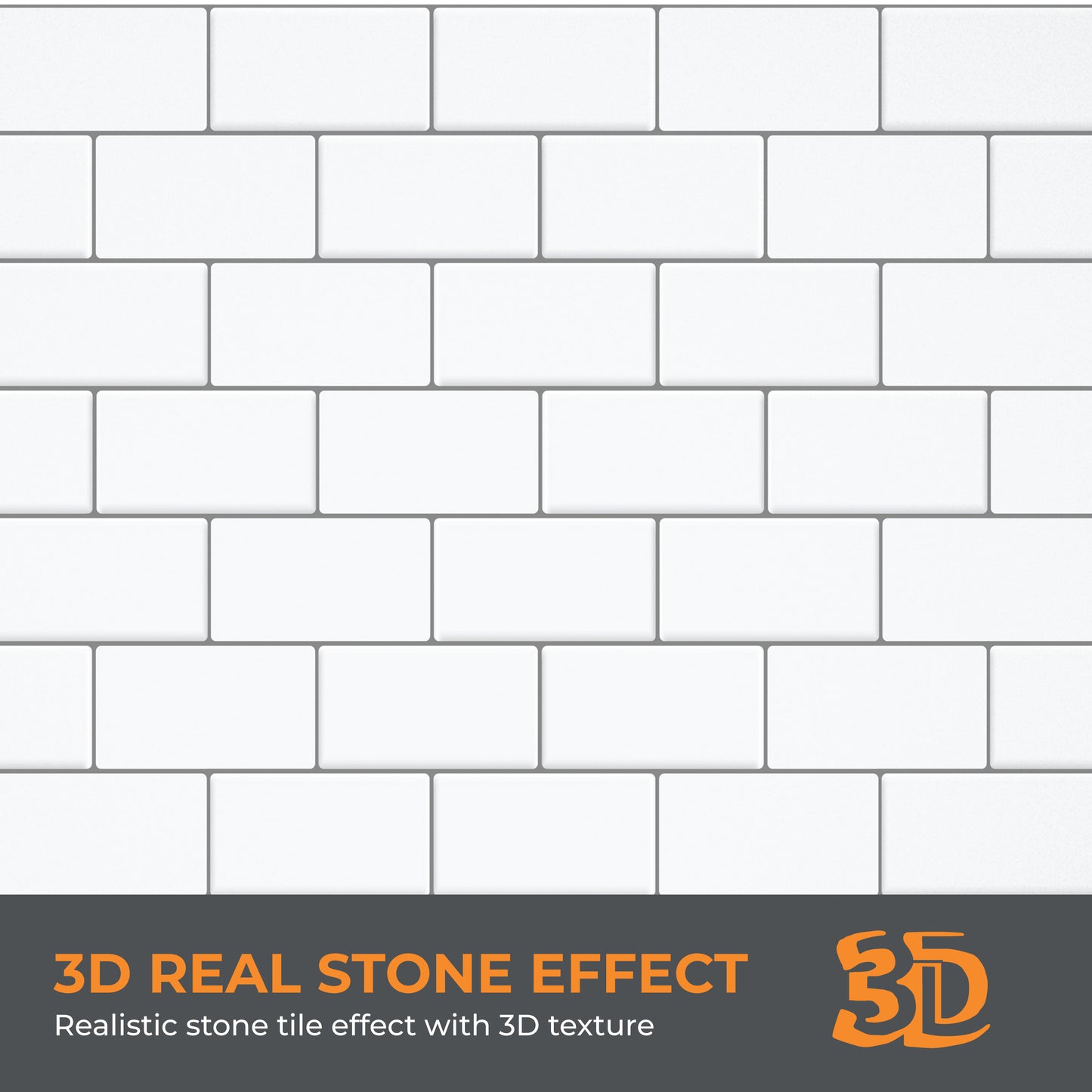 WT3D1803 - Pure White Grey Grout Subway Metro Classic Brick Glossy 3D Tile Sticker 30.5 x 15.4cm (12 x 6 in) - 20pcs in a pack