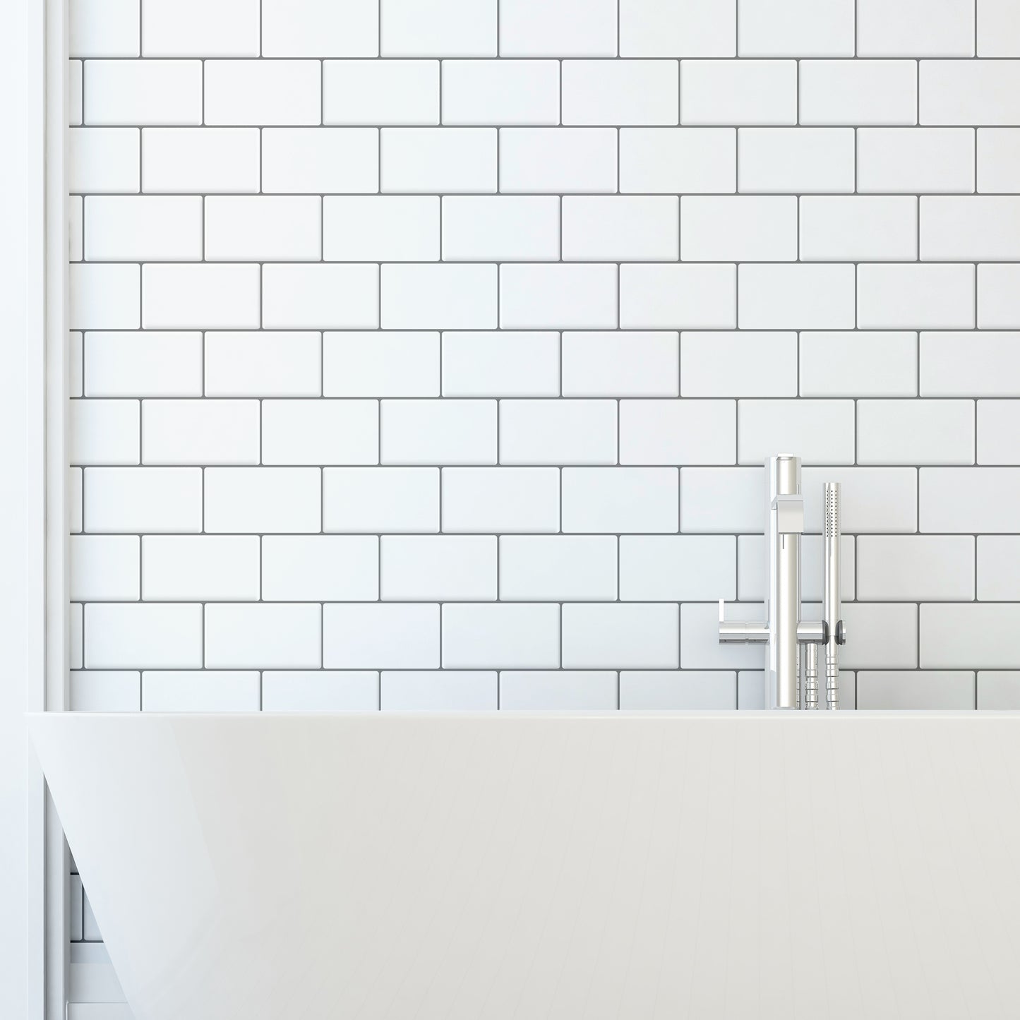 WT3D1803 - Pure White Grey Grout Subway Metro Classic Brick Glossy 3D Tile Sticker 30.5 x 15.4cm (12 x 6 in) - 20pcs in a pack