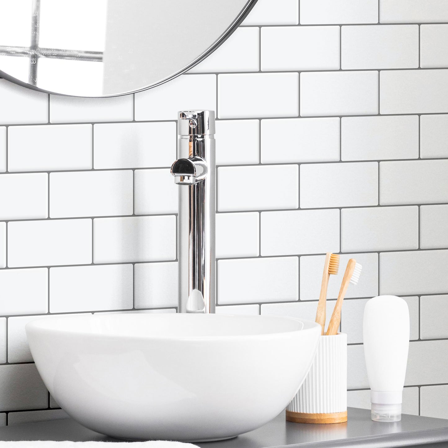 WT3D1803 - Pure White Grey Grout Subway Metro Classic Brick Glossy 3D Tile Sticker 30.5 x 15.4cm (12 x 6 in) - 20pcs in a pack