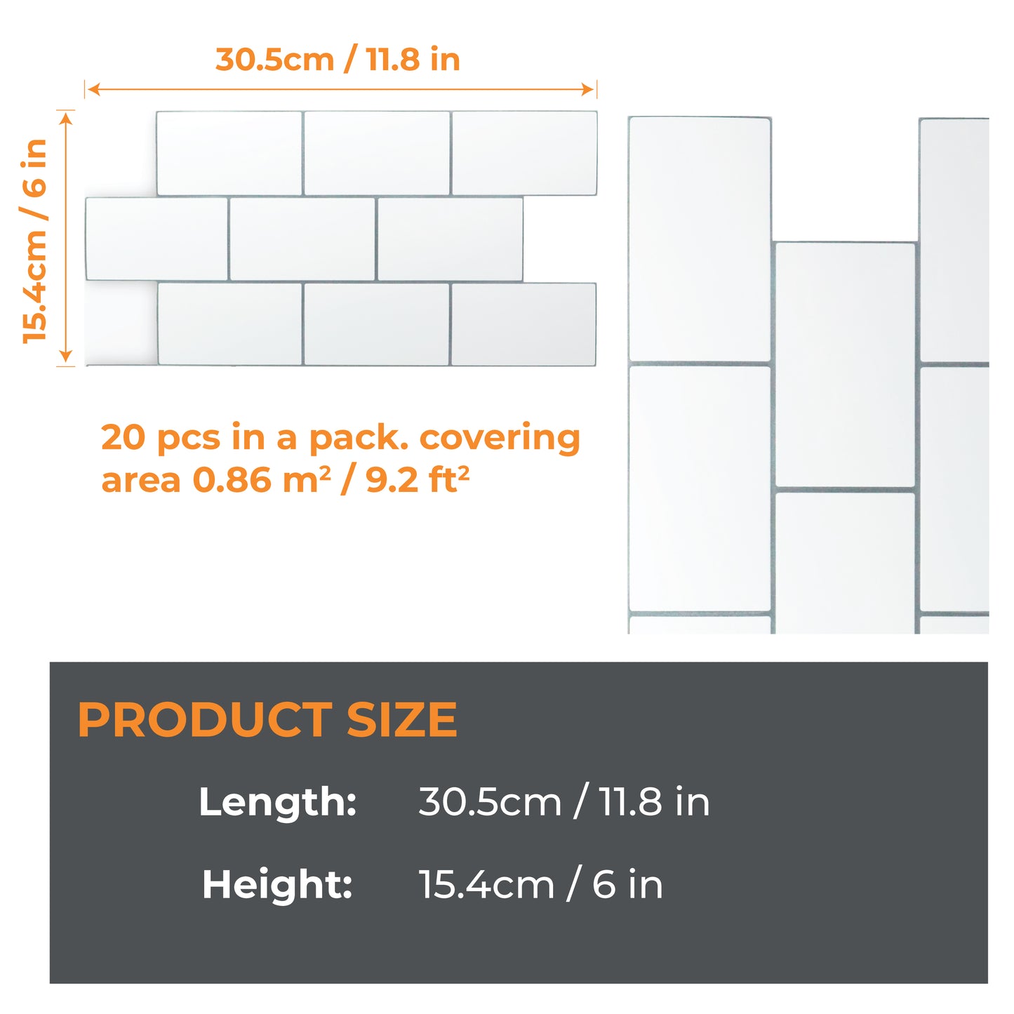 WT3D1803 - Pure White Grey Grout Subway Metro Classic Brick Glossy 3D Tile Sticker 30.5 x 15.4cm (12 x 6 in) - 20pcs in a pack