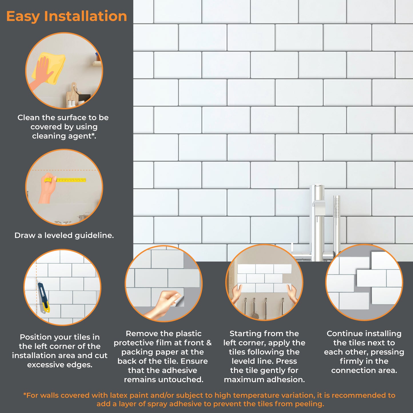 WT3D1803 - Pure White Grey Grout Subway Metro Classic Brick Glossy 3D Tile Sticker 30.5 x 15.4cm (12 x 6 in) - 20pcs in a pack