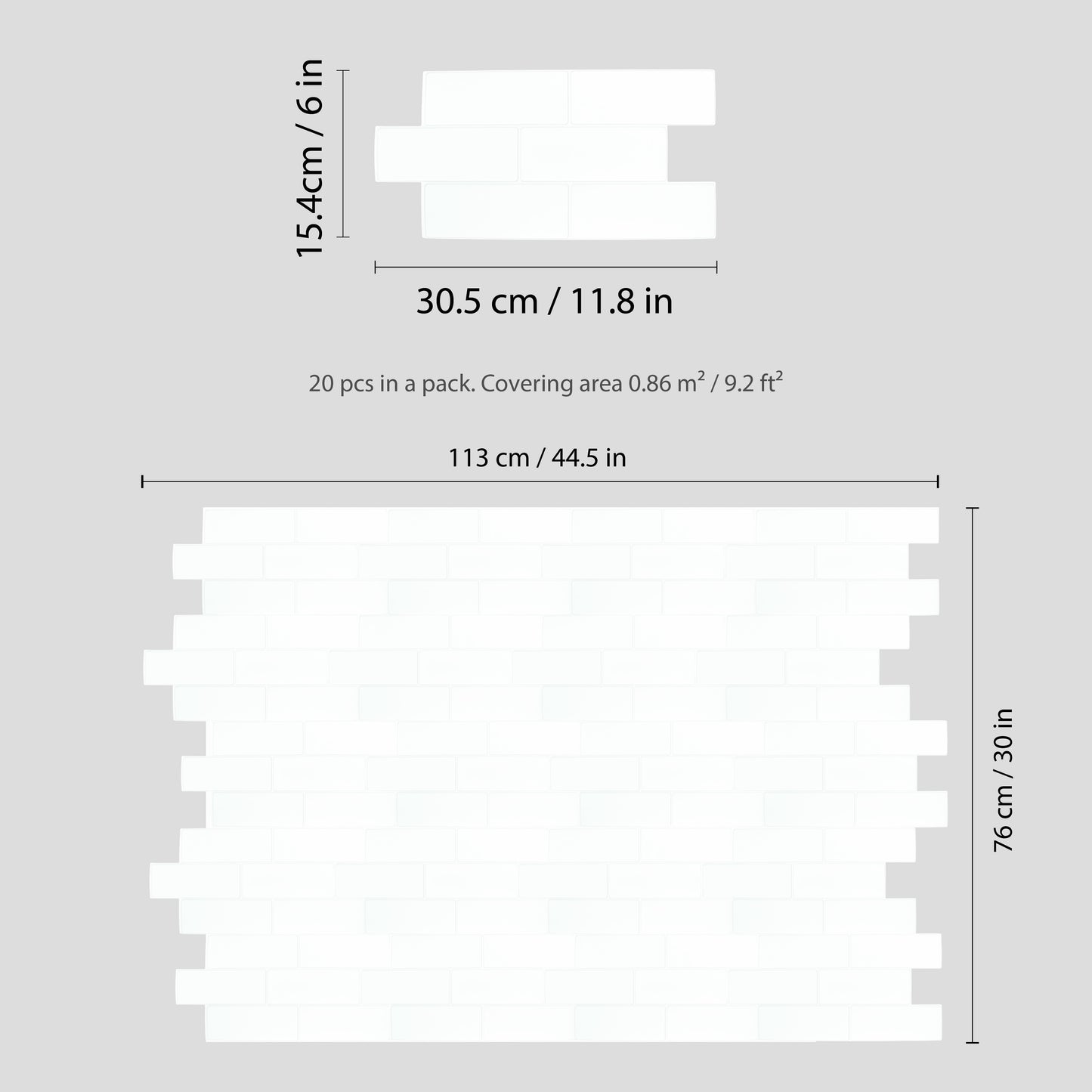 WT3D1804 - Pure White Metro Subway Tile 3D Tile Sticker 30.5 x 15.4cm (12 x 6 in) - 20pcs in a pack