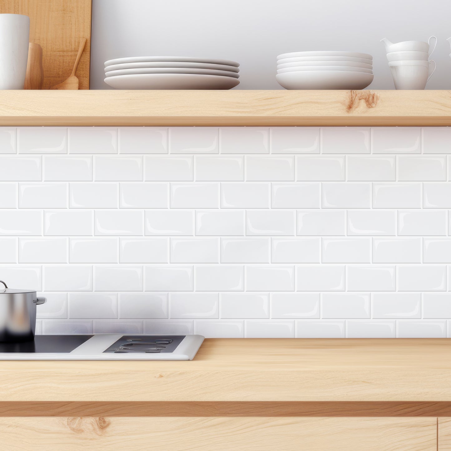 WT3D1808 - Pure White Glossy Subway Metro Classic Brick 3D Tile Sticker 30.5 x 15.4cm (12 x 6 in) - 20pcs in a pack