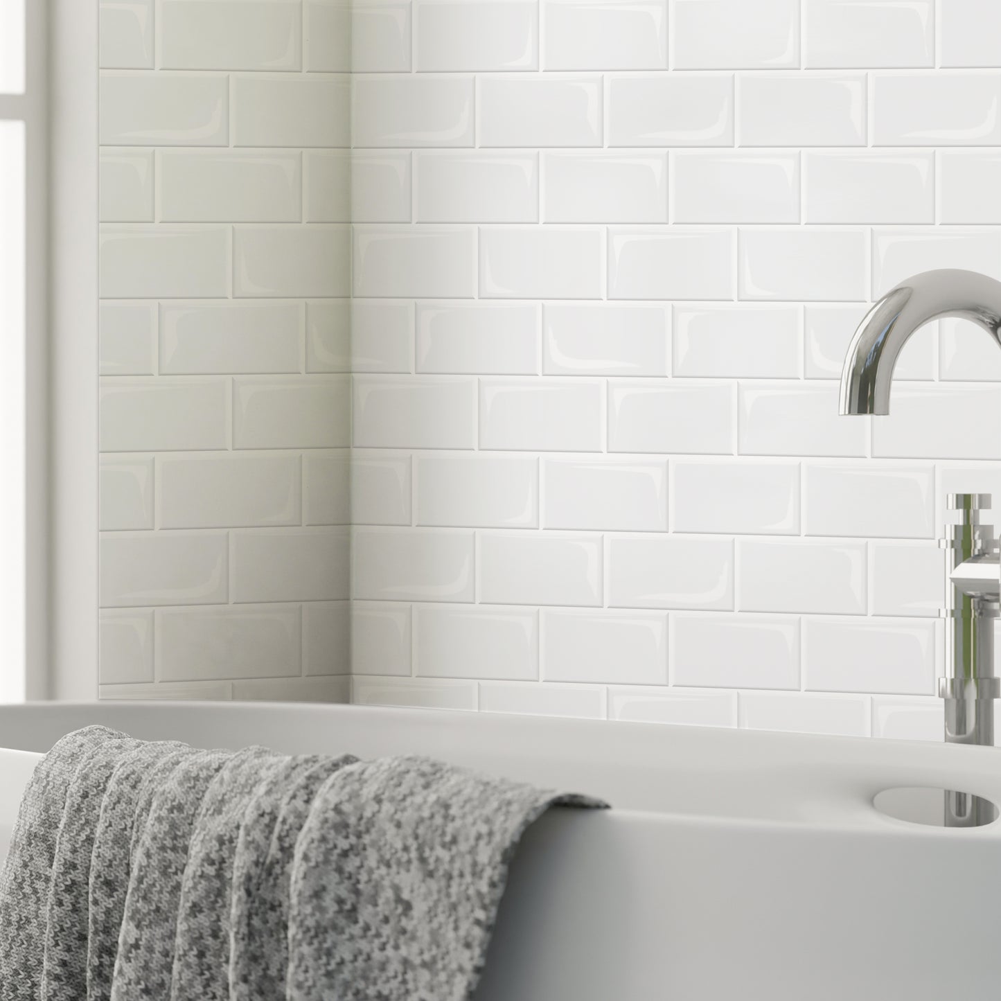 WT3D1808 - Pure White Glossy Subway Metro Classic Brick 3D Tile Sticker 30.5 x 15.4cm (12 x 6 in) - 20pcs in a pack