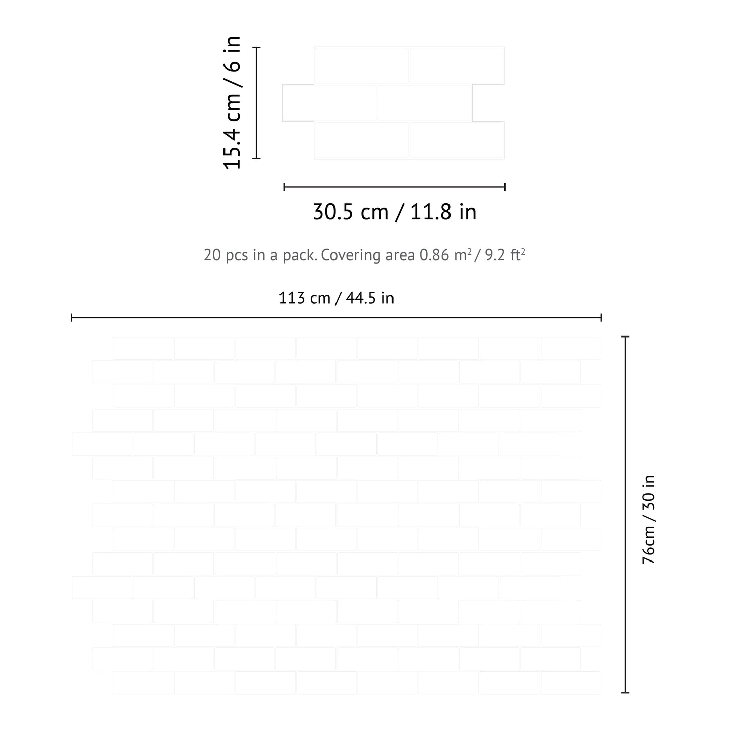 WT3D1808 - Pure White Glossy Subway Metro Classic Brick 3D Tile Sticker 30.5 x 15.4cm (12 x 6 in) - 20pcs in a pack