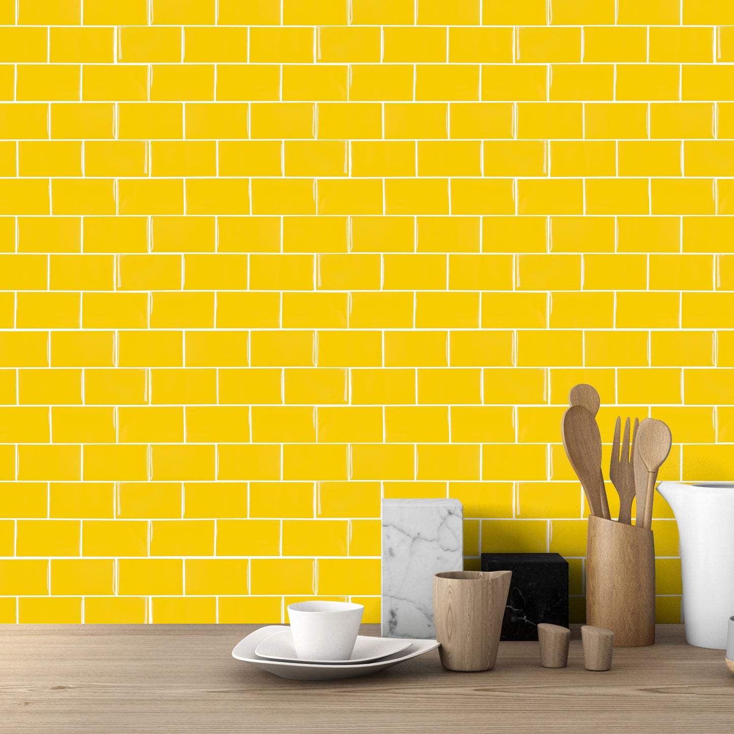 WT3D1819 - Pure Yellow Glossy Subway Metro Classic Brick 3D Tile Sticker 30.5 x 15.4cm (12 x 6 in) - 20pcs in a pack