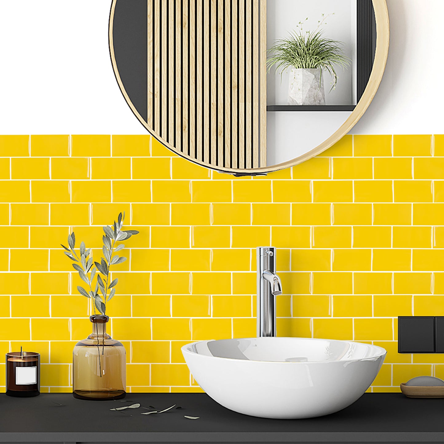 WT3D1819 - Pure Yellow Glossy Subway Metro Classic Brick 3D Tile Sticker 30.5 x 15.4cm (12 x 6 in) - 20pcs in a pack