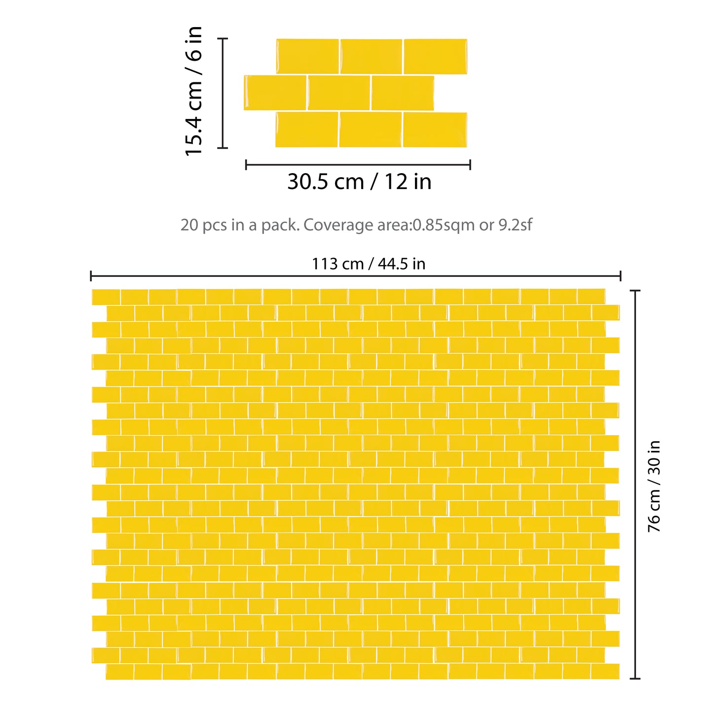 WT3D1819 - Pure Yellow Glossy Subway Metro Classic Brick 3D Tile Sticker 30.5 x 15.4cm (12 x 6 in) - 20pcs in a pack