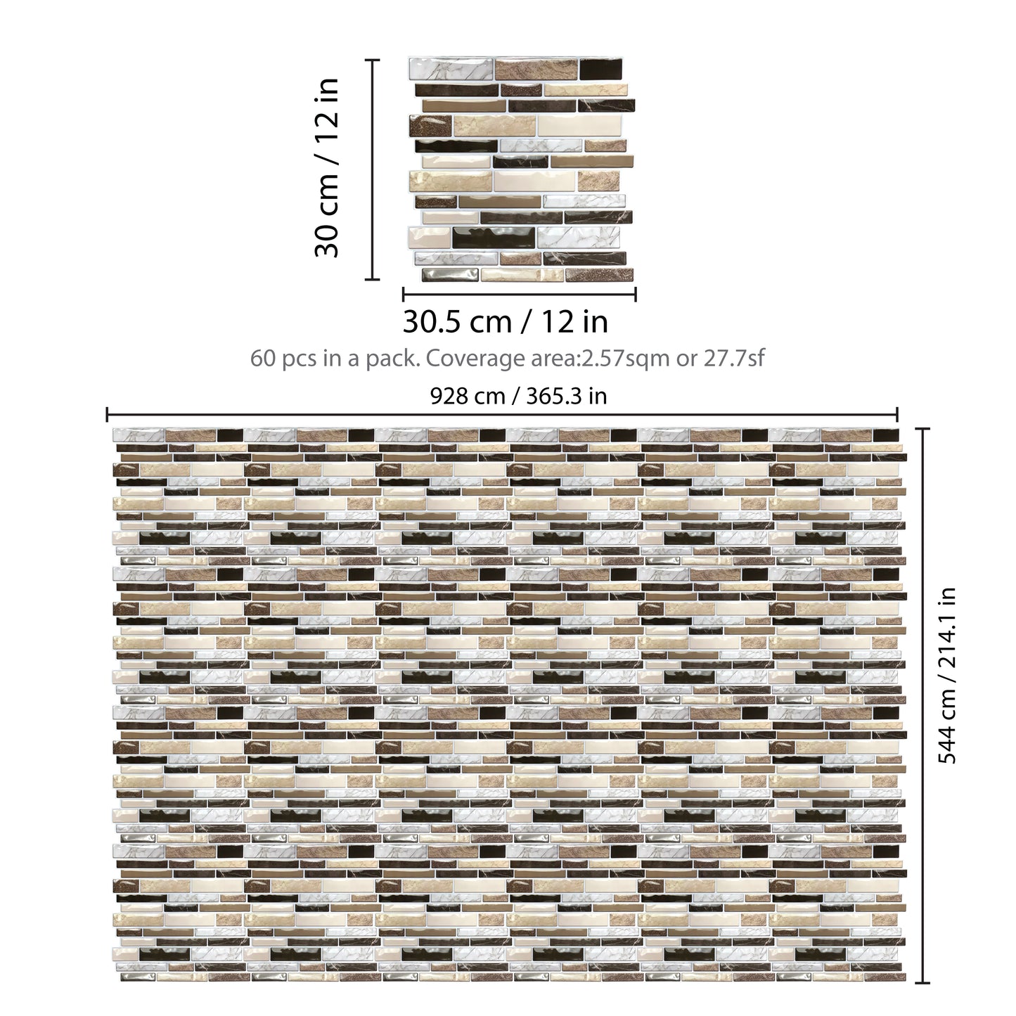 WT3D1825 - Brown Stone Glossy Mosaic 3D Tile Sticker 30.5 x 30.5cm (12 x 12 in) - 10pcs in a pack