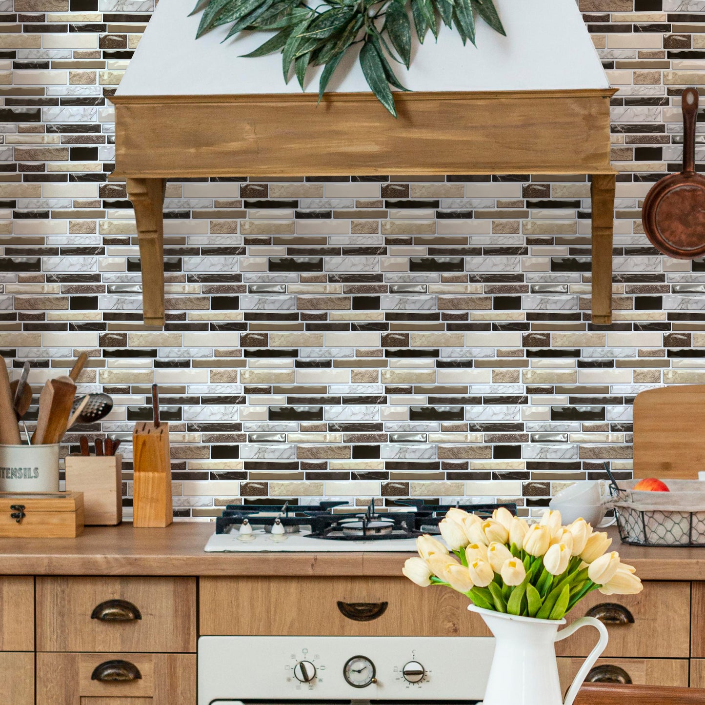 WT3D1825 - Brown Stone Glossy Mosaic 3D Tile Sticker 30.5 x 30.5cm (12 x 12 in) - 10pcs in a pack
