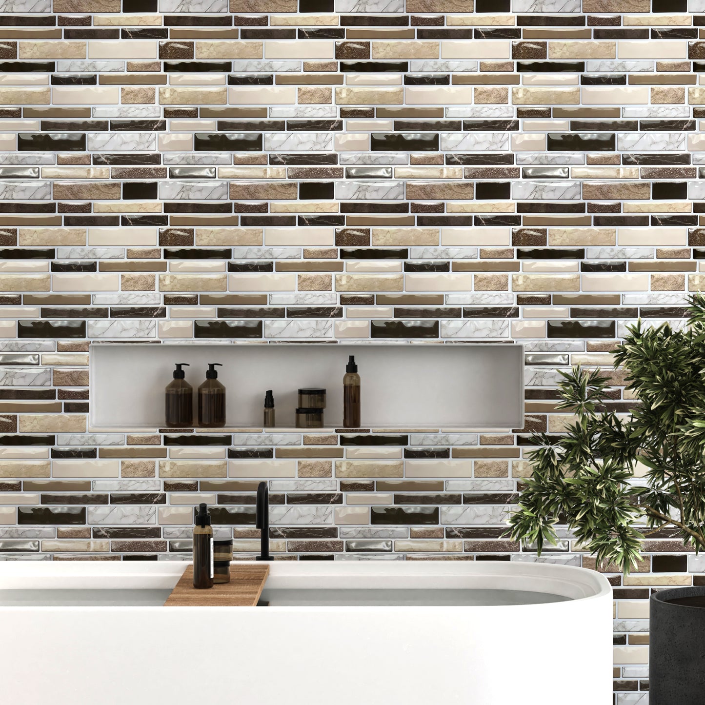 WT3D1825 - Brown Stone Glossy Mosaic 3D Tile Sticker 30.5 x 30.5cm (12 x 12 in) - 10pcs in a pack