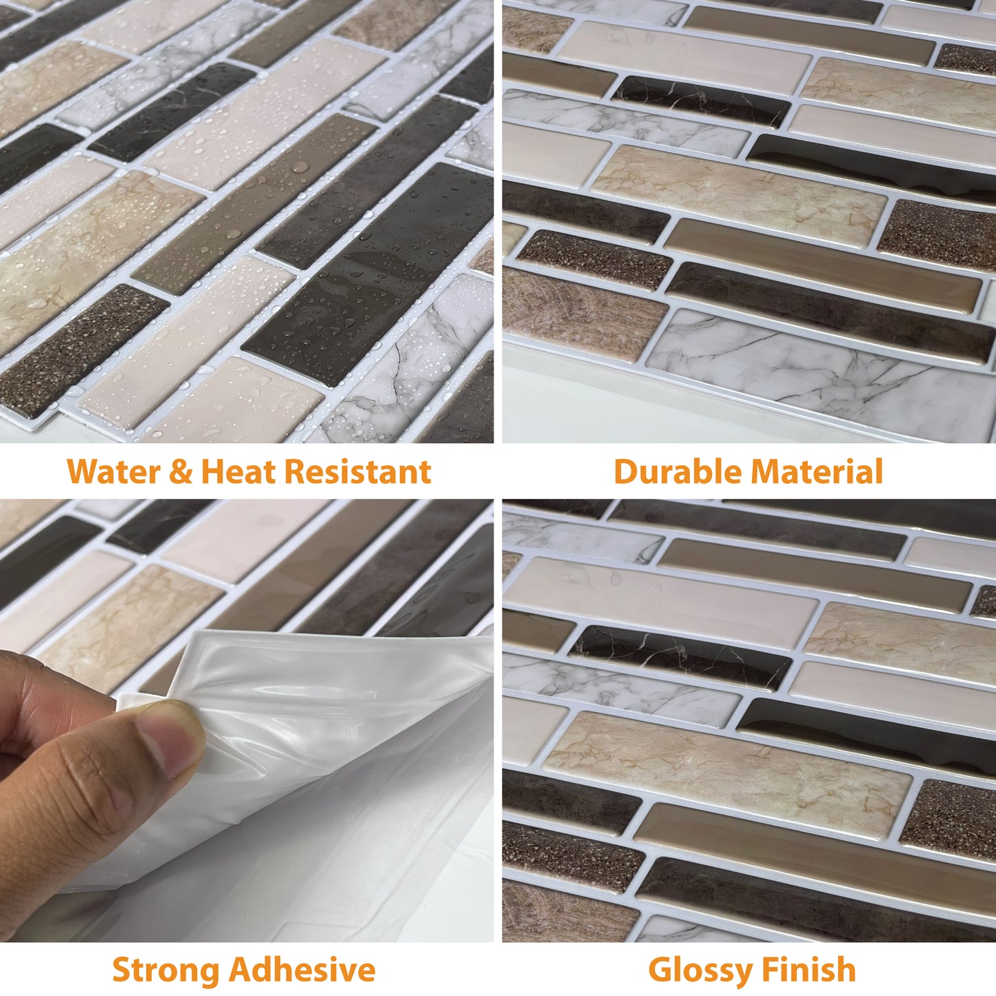 WT3D1825 - Brown Stone Glossy Mosaic 3D Tile Sticker 30.5 x 30.5cm (12 x 12 in) - 10pcs in a pack