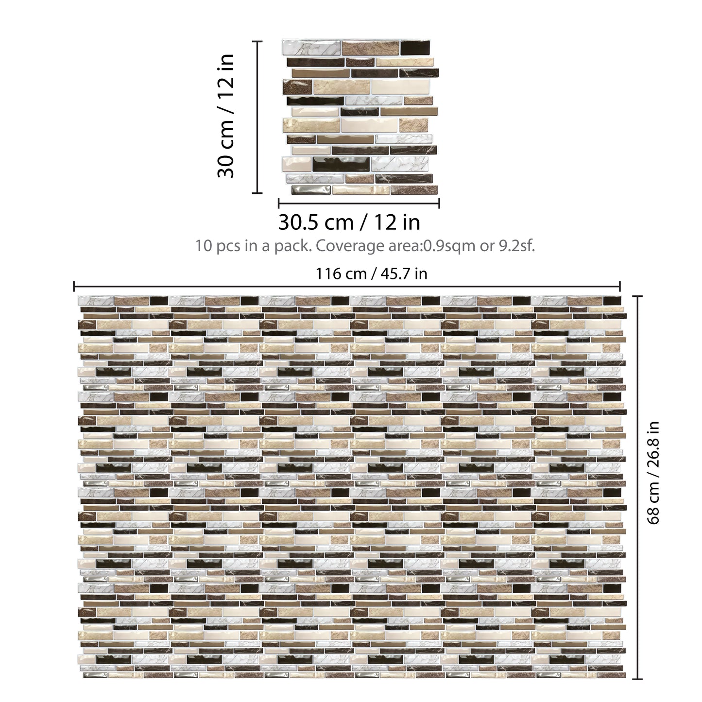 WT3D1825 - Brown Stone Glossy Mosaic 3D Tile Sticker 30.5 x 30.5cm (12 x 12 in) - 10pcs in a pack
