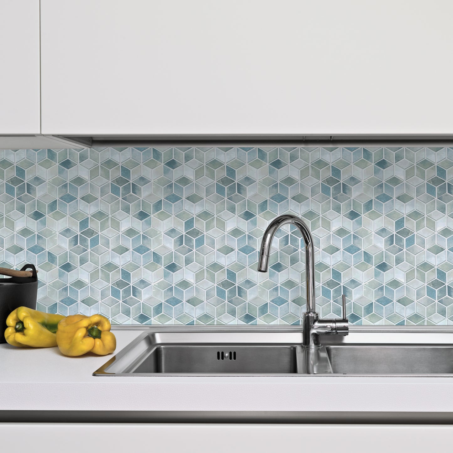 WT3D1827 - Blue Stone Hexacube Glossy 3D Tile Sticker 30.5 x 15.4cm (12 x 6 in) - 20pcs in a pack