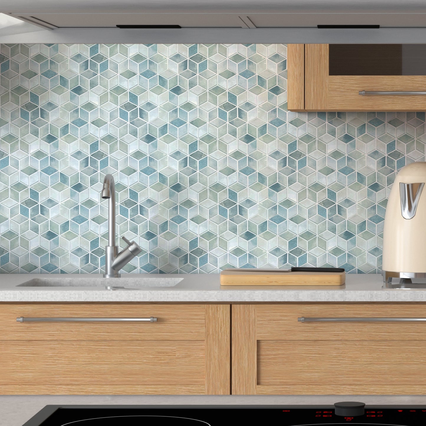 WT3D1827 - Blue Stone Hexacube Glossy 3D Tile Sticker 30.5 x 15.4cm (12 x 6 in) - 20pcs in a pack
