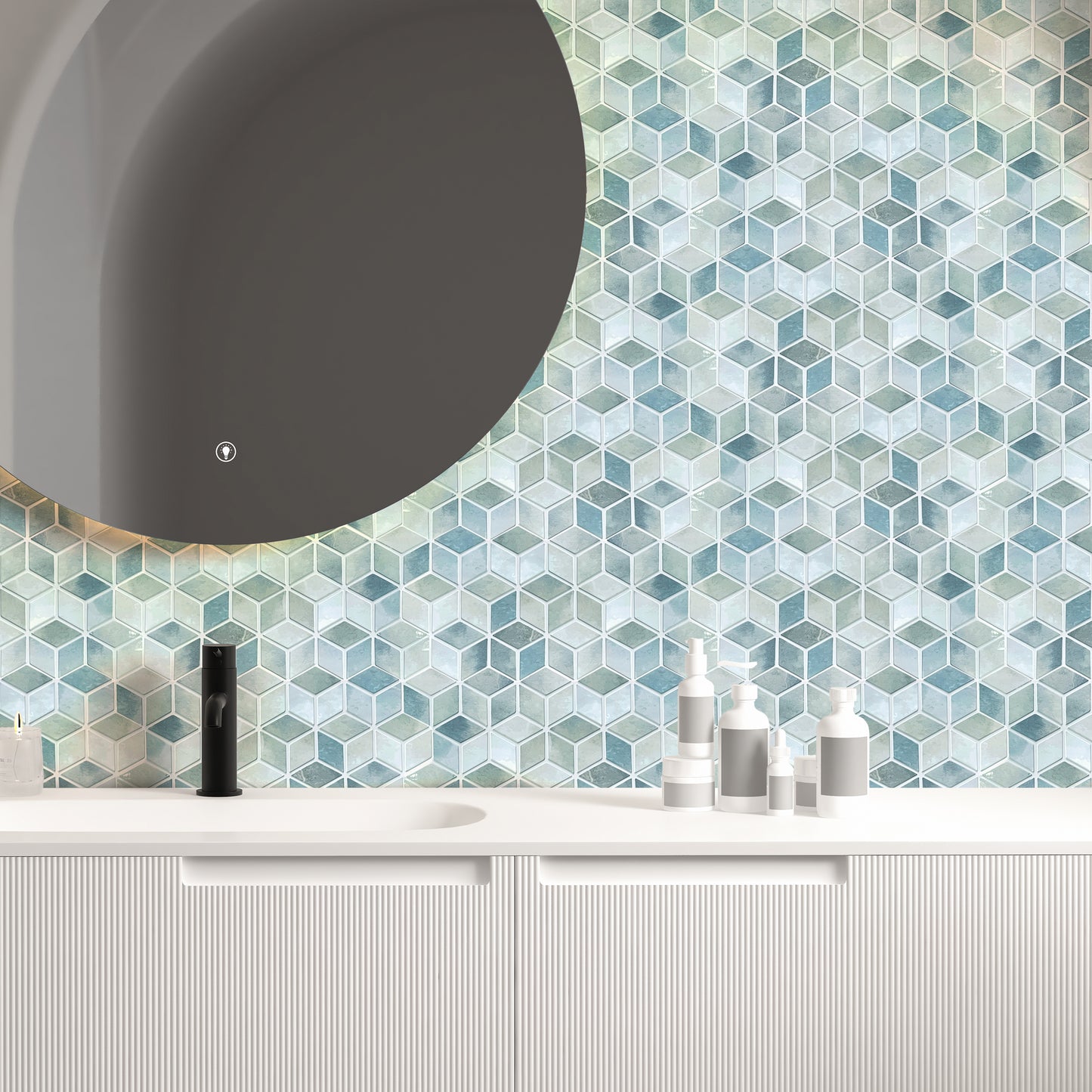 WT3D1827 - Blue Stone Hexacube Glossy 3D Tile Sticker 30.5 x 15.4cm (12 x 6 in) - 20pcs in a pack