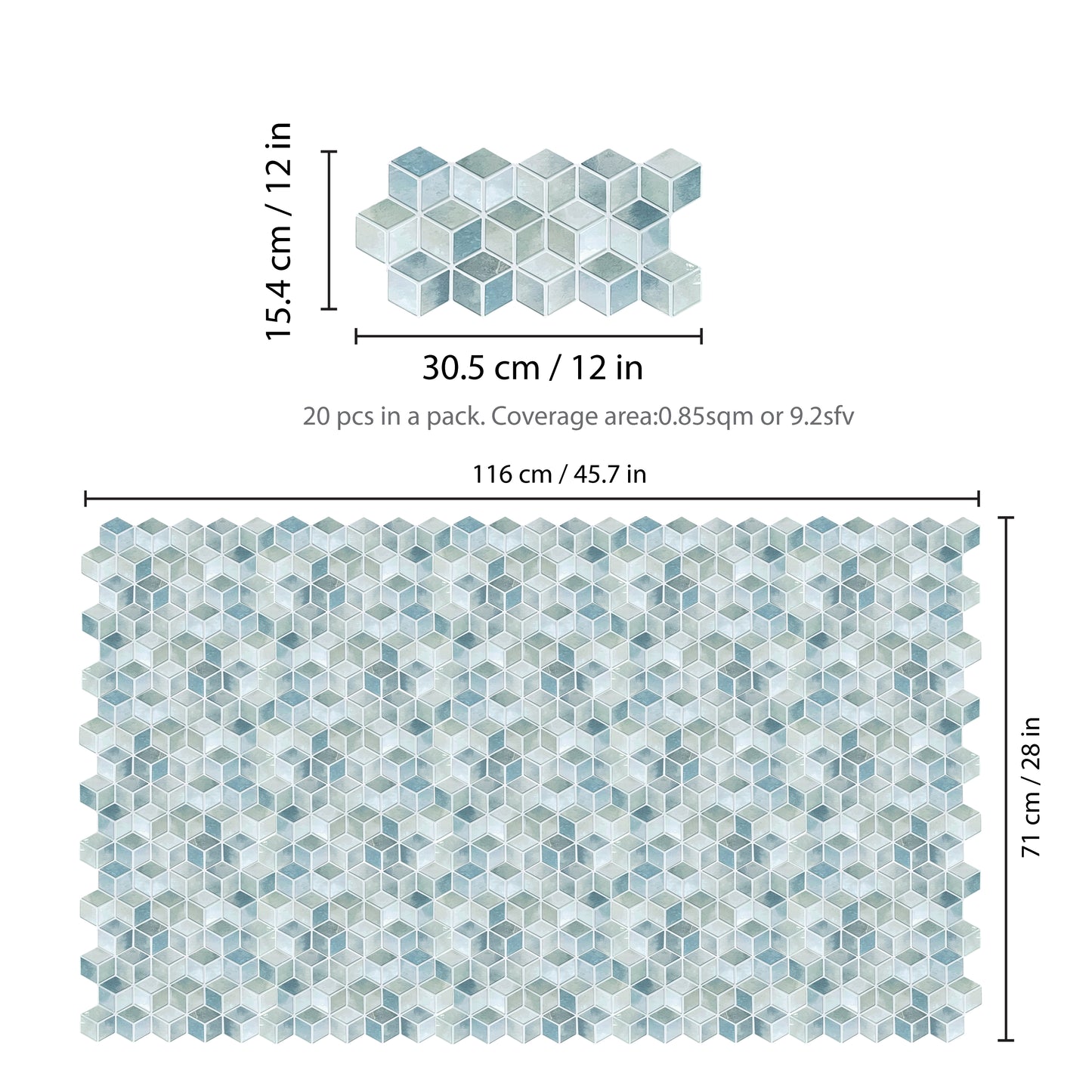 WT3D1827 - Blue Stone Hexacube Glossy 3D Tile Sticker 30.5 x 15.4cm (12 x 6 in) - 20pcs in a pack
