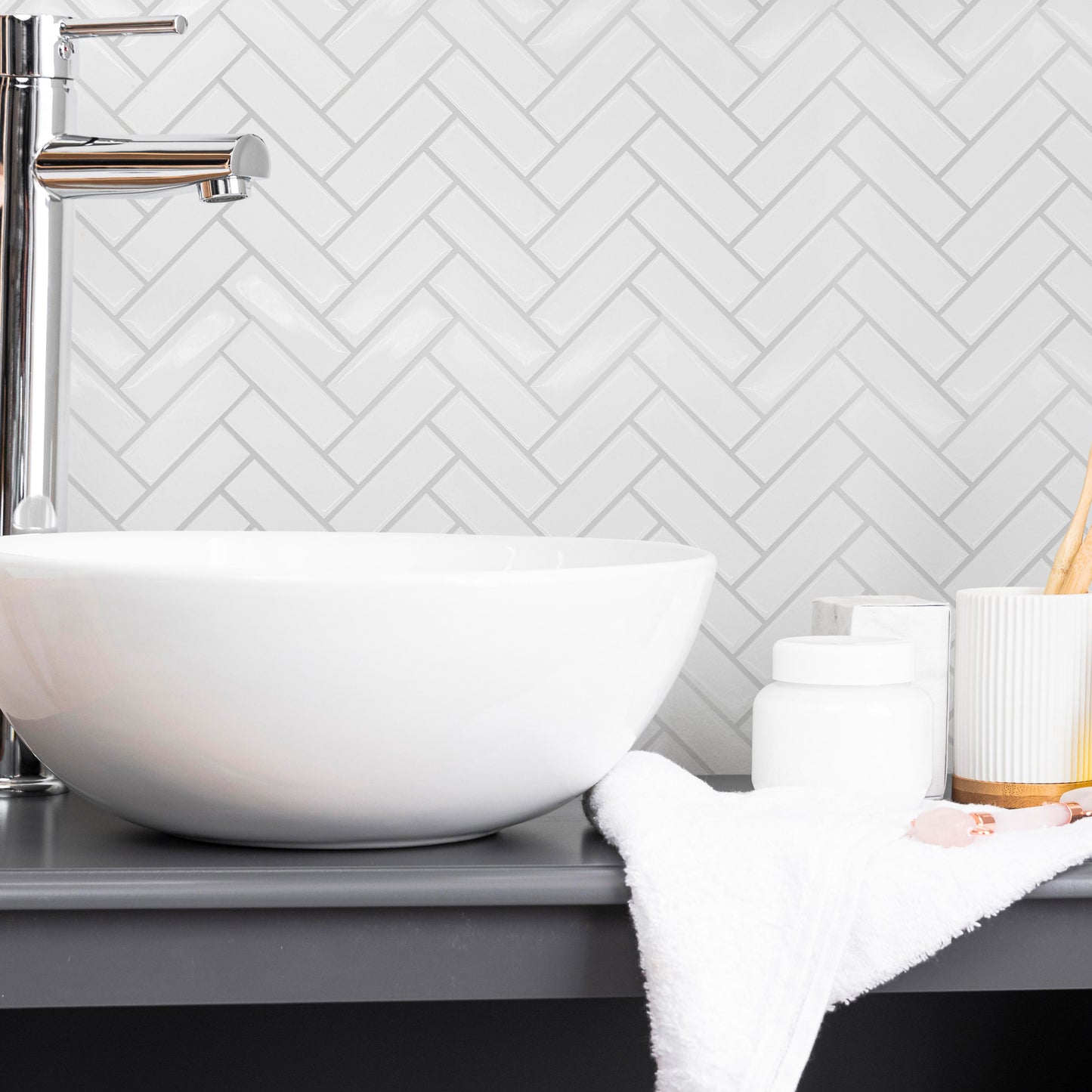 WT3D2005 - White Herringbone Glossy 3D Sticker Tile 28 x 20cm (11 x 8 in) - 8pcs in a pack