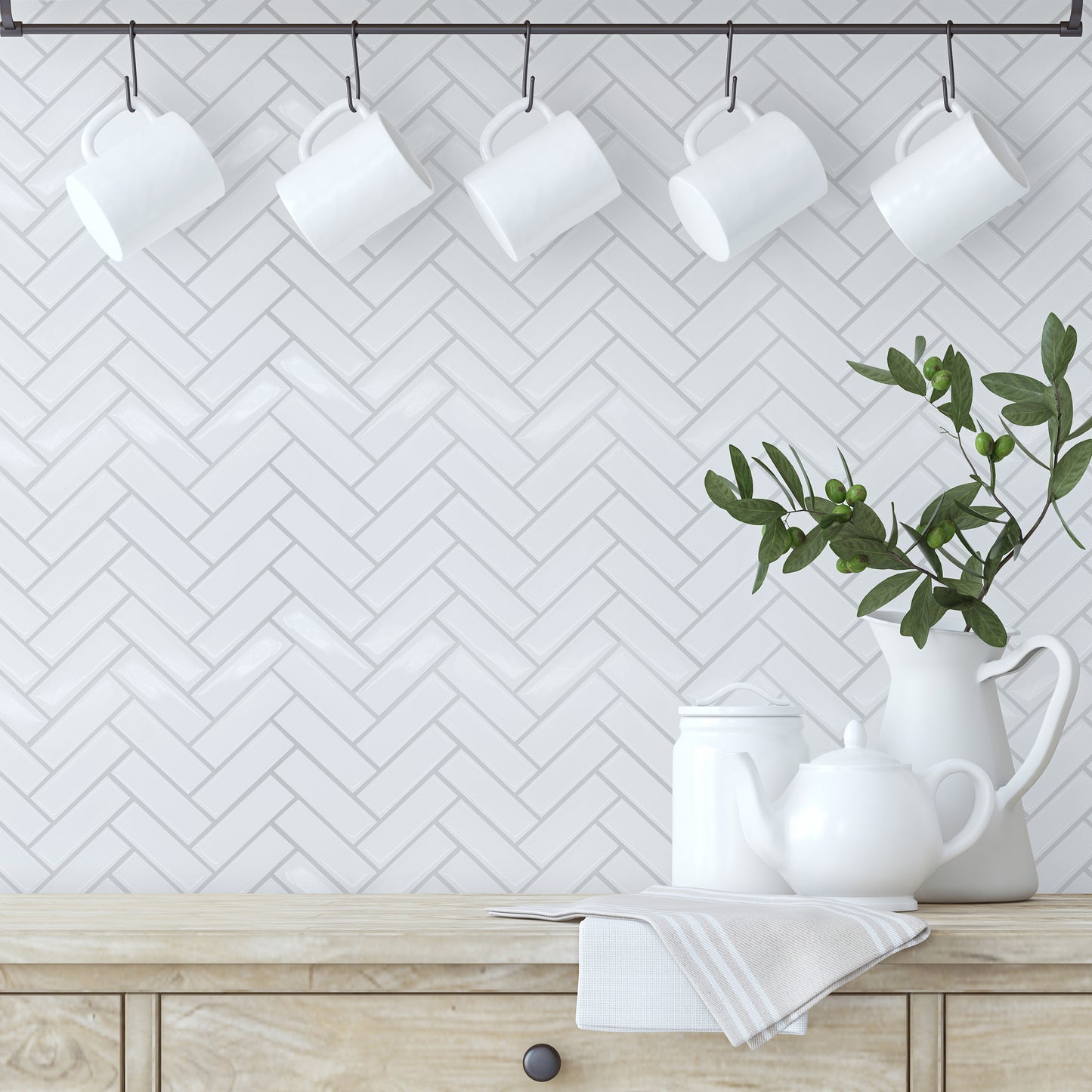 WT3D2005 - White Herringbone Glossy 3D Sticker Tile 28 x 20cm (11 x 8 in) - 8pcs in a pack