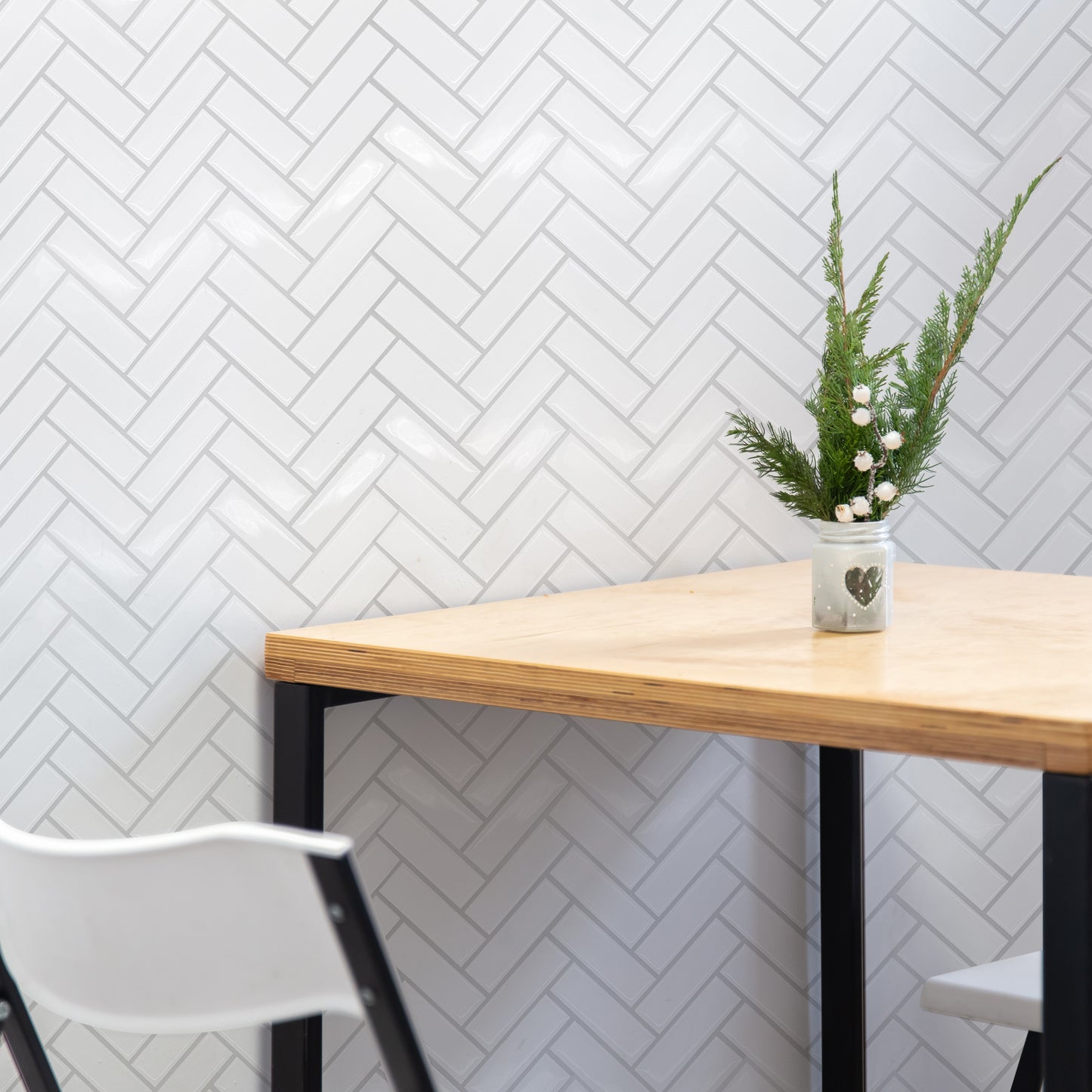 WT3D2005 - White Herringbone Glossy 3D Sticker Tile 28 x 20cm (11 x 8 in) - 8pcs in a pack