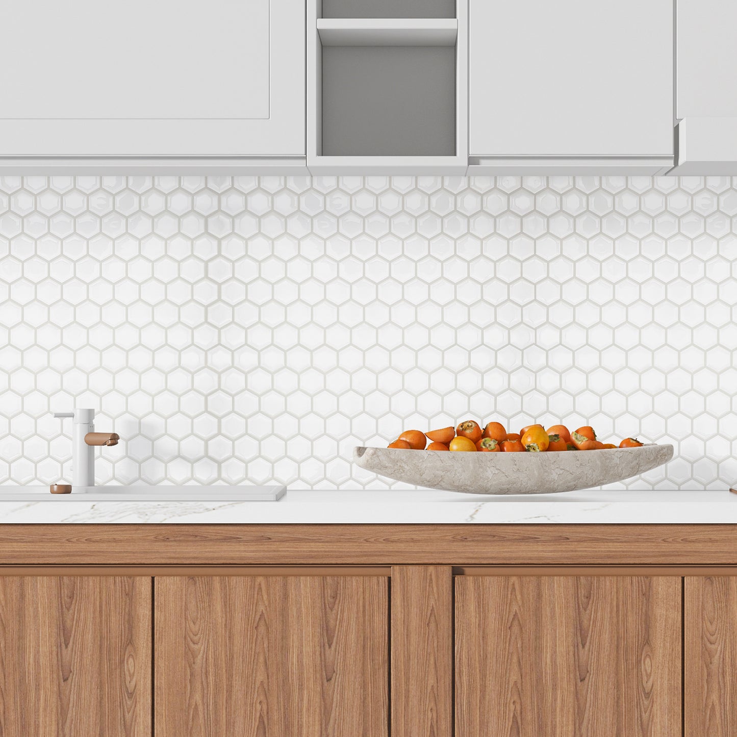 WT3D2006 - Honey Mini Hexa White Glossy 3D Tile Stickers 28 x 20cm (11 x 8 in) - 8pcs in a pack