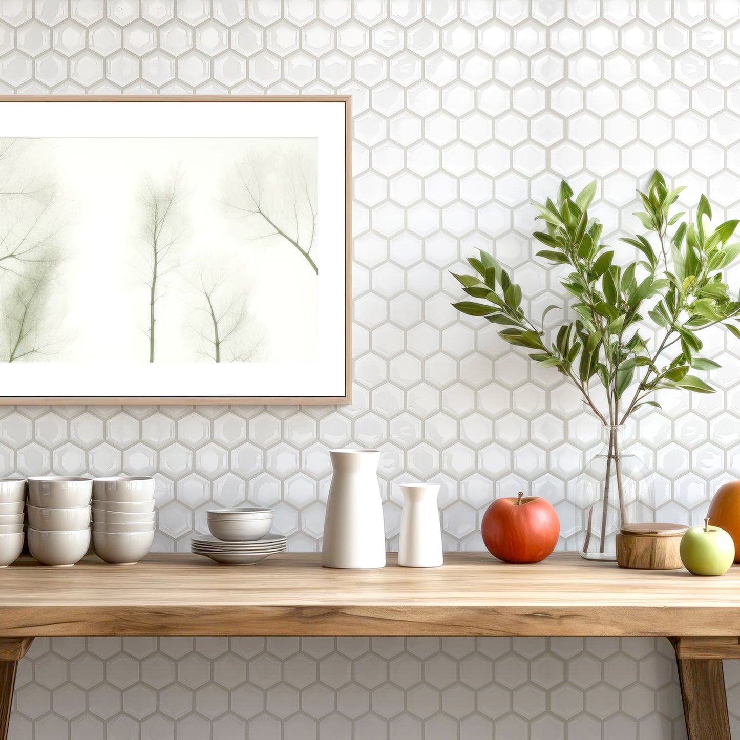 WT3D2006 - Honey Mini Hexa White Glossy 3D Tile Stickers 28 x 20cm (11 x 8 in) - 8pcs in a pack