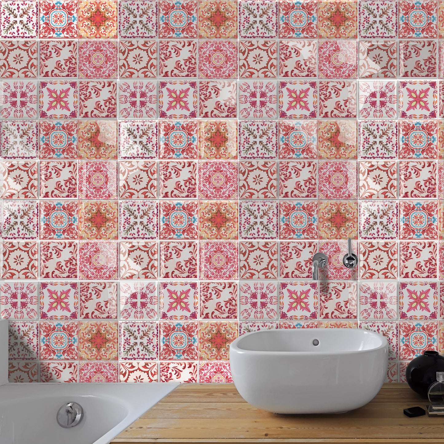Moroccan Rose Red Mosaic Glossy 3D Sticker Tile 15.4 cm (6 in) - 16pcs in a pack