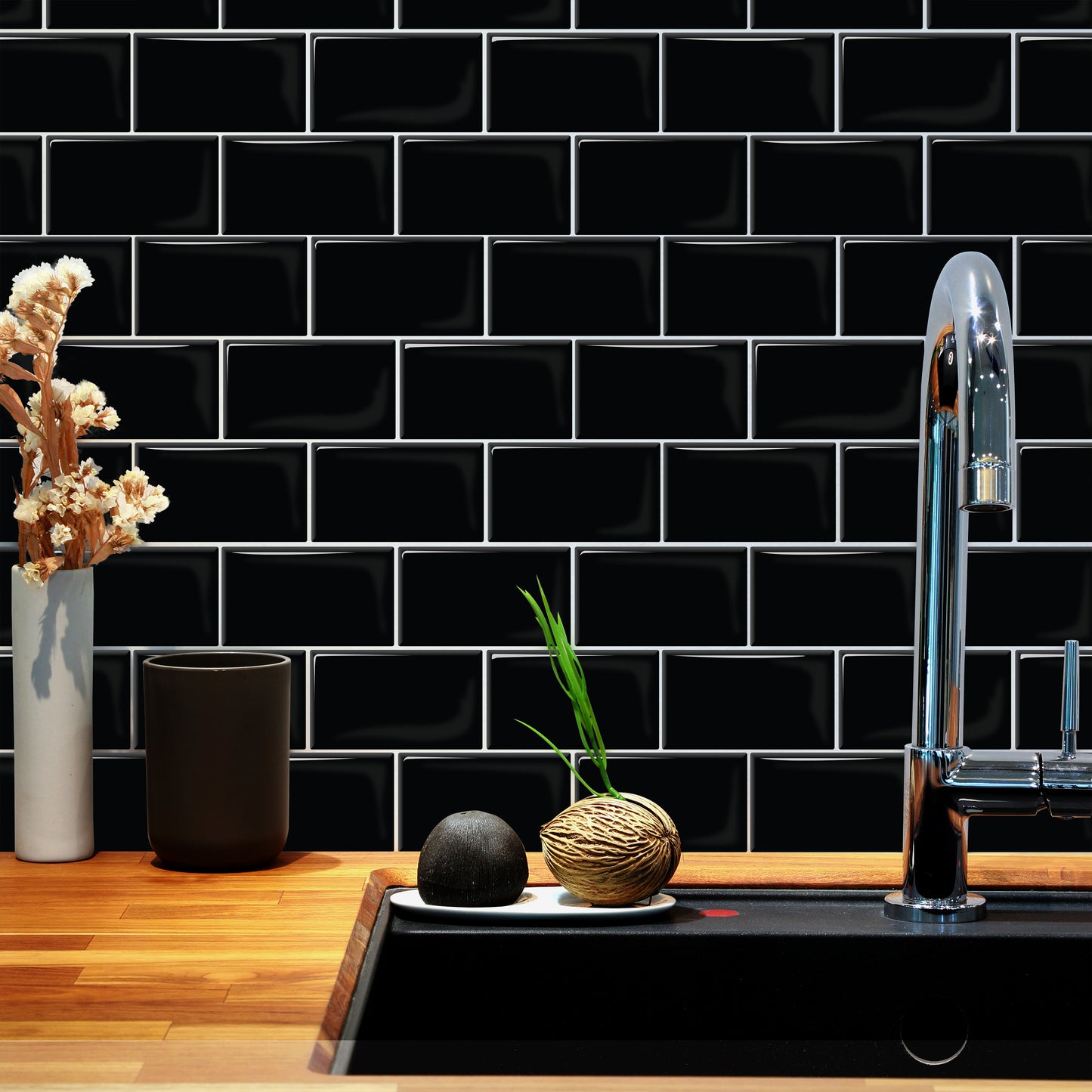 London Metro Classic Brick Pure Black Glossy Extra 3D Tile 30.5 x 30.5cm - 6 pcs