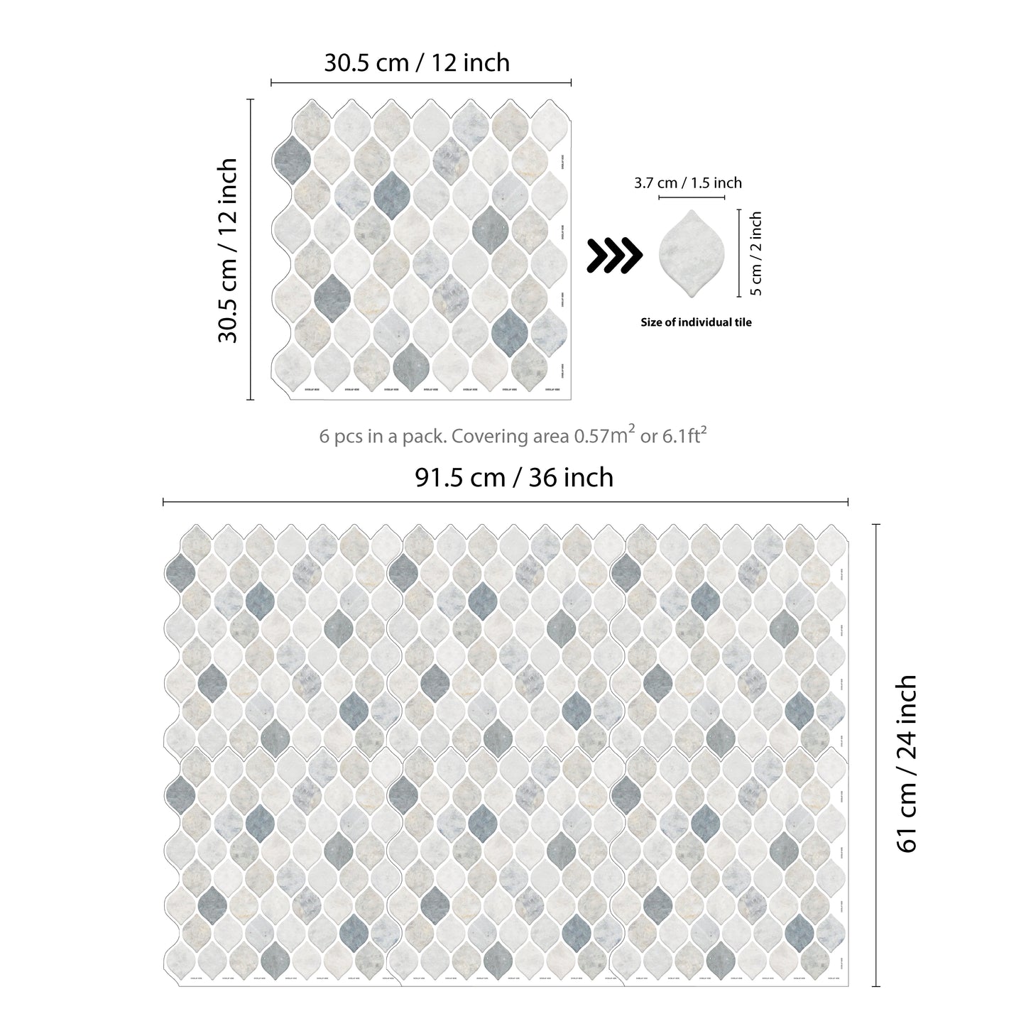 Grey Leaf Stone 3D Sticker Tile 12 x 12 inches / 30.5 x 30.5 cm - 6pcs in a pack