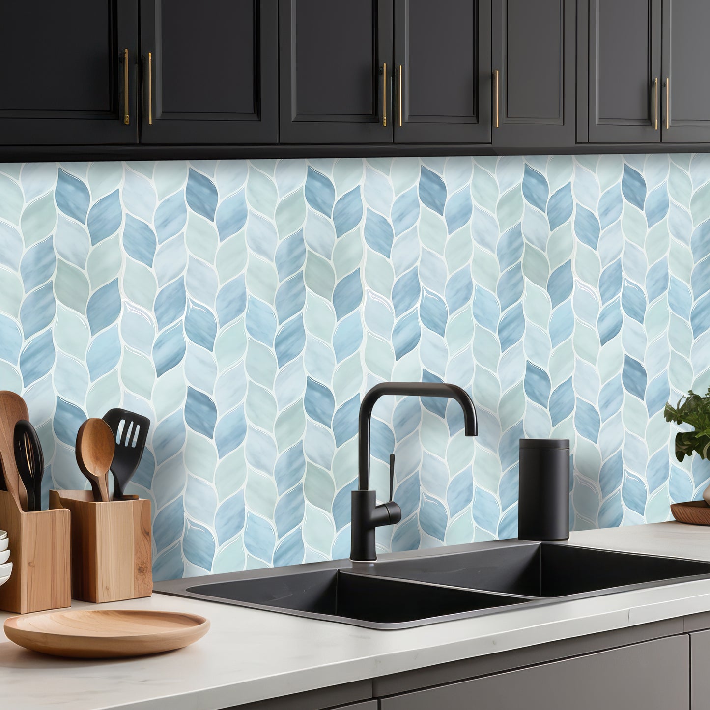 Leafy Blue Pattern Stone 3D Sticker Tile 12 x 12 inches / 30.5 x 30.5 cm - 6pcs in a pack