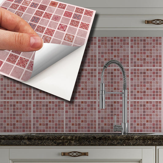 WT1597 - Pink Marble Vintage Azulejo Mosaic Wall Tile Sticker Set - 15 x 15 cm (6 x 6 in) - 24 pcs