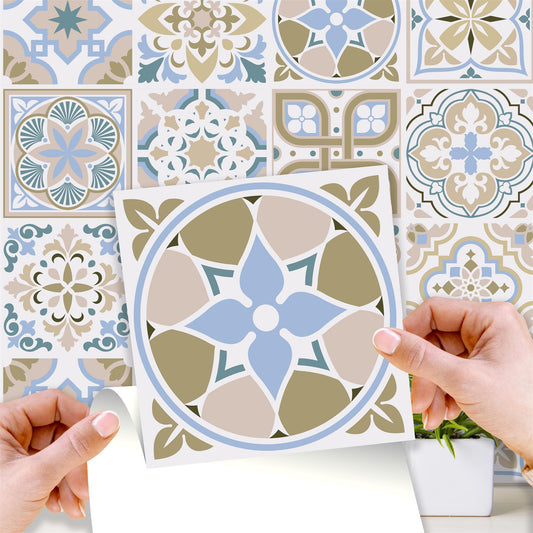 WT1544 - Light Sapphire and Parchment colour Traditional Spanish Tiles Wall Stickers - 15 cm x 15 cm - 24 pcs