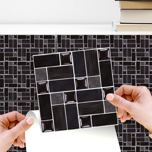WT1589 - Glossy Black Porcelain Mosaic Wall Tile Sticker Set - 15 x 15 cm (6 x 6 in) - 24 pcs
