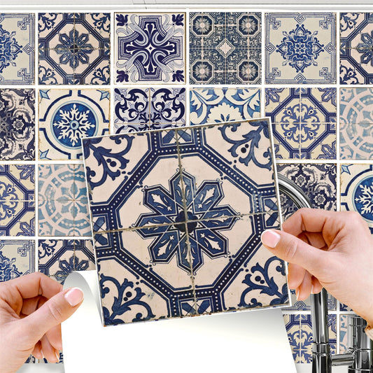 WT1584 - Malaga Spanish Blue Wall Tile Sticker Set - 15 x 15 cm (6 x 6 in) - 24 pcs