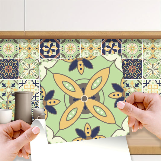WT1599 - Pastel Green Moroccan Wall Tile Stickers - 15 cm x 15 cm - 24 pcs
