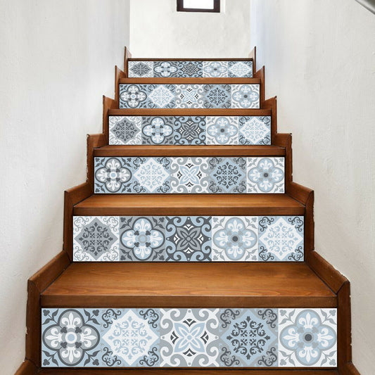 WFS031 - Light Blue Floral Tiles stairs stickers
