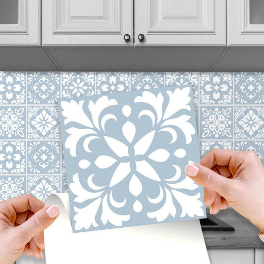 WT1555 - Triana Blue Grey Cemente Spanish Wall Tile Sticker Set - 15 cm x 15 cm - 24 pcs